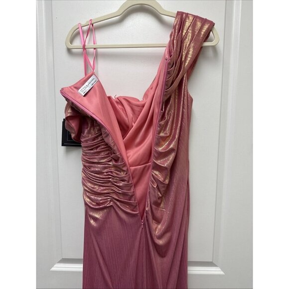 MAC DUGGAL Size 10 Pink 27152 OFF THE SHOULDER RUCHED WAIST SLIT METALLIC GOWN - Picture 10 of 11